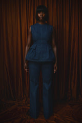 LINCOLN BACKLESS PEPLUM TOP IN VINTAGE DENIM