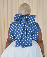ASPENYA DENIM POLKADOT PUSSY BOW BLOUSE IN DARK BLUE