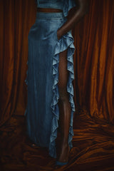 SAVANNAH WASHED DENIM RUFFLED SKIRT