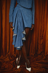 VIENNA DENIM PINSTRIPED ASYMMETRIC MINI SKIRT