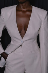 OSTIA STRUCTURED FAUX CROC LEATHER BLAZER IN CREAM WHITE