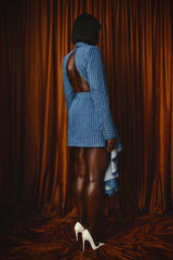 VIENNA DENIM PINSTRIPED ASYMMETRIC MINI SKIRT