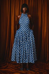 ASPEN POLKADOT DENIM BACKLESS MIDI DRESS