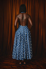 ASPEN POLKADOT DENIM BACKLESS MIDI DRESS