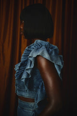 SAVANNAH WASHED DENIM BACKLESS RUFFLED TOP