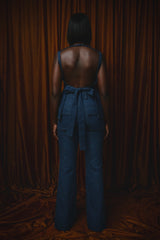 LINCOLN BACKLESS PEPLUM TOP IN VINTAGE DENIM