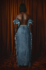 SAVANNAH WASHED DENIM BACKLESS RUFFLED TOP