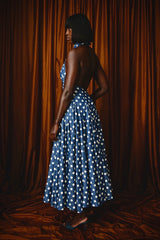 ASPEN POLKADOT DENIM BACKLESS MIDI DRESS