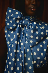 ASPENYA DENIM POLKADOT PUSSY BOW BLOUSE IN LIGHT BLUE