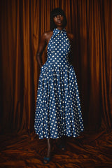 ASPEN POLKADOT DENIM BACKLESS MIDI DRESS