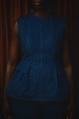 LINCOLN BACKLESS PEPLUM TOP IN VINTAGE DENIM