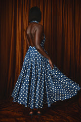 ASPEN POLKADOT DENIM BACKLESS MIDI DRESS