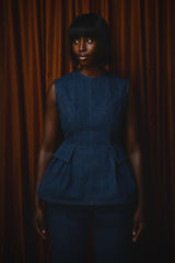 LINCOLN BACKLESS PEPLUM TOP IN VINTAGE DENIM