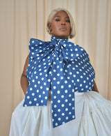 ASPENYA DENIM POLKADOT PUSSY BOW BLOUSE IN DARK BLUE