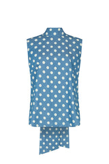 ASPENYA DENIM POLKADOT PUSSY BOW BLOUSE IN LIGHT BLUE