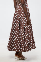 ASPEN POLKADOT BACKLESS MIDI DRESS IN BROWN
