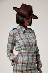 CAMBRIDGE SHOULDER EPAULETTE SHIRT IN BLUE PLAID