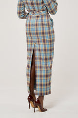 CAMBRIDGE MAXI PENCIL SKIRT IN BLUE PLAID