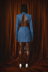 VIENNA DENIM PINSTRIPED ASYMMETRIC MINI SKIRT