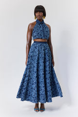 DALAT FLORAL FRAYED DENIM SKIRT