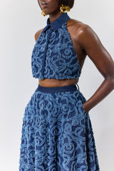 DALAT FLORAL DENIM BACKLESS TIE-BACK SHIRT