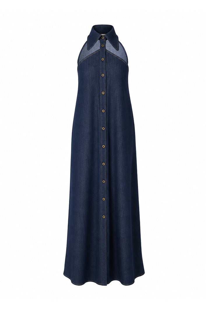 dana denim maxi dress Denim Tiered Maxi Dress