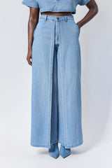 DAVENPORT WASHED DENIM FRONT FLAP WIDE LEG PANTS
