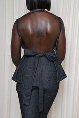 LINCOLN BACKLESS PEPLUM TOP IN BLACK DENIM