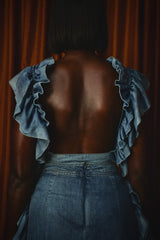 SAVANNAH WASHED DENIM BACKLESS RUFFLED TOP