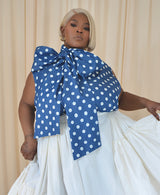 ASPENYA DENIM POLKADOT PUSSY BOW BLOUSE IN DARK BLUE