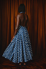 ASPEN POLKADOT DENIM BACKLESS MIDI DRESS