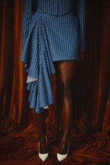 VIENNA DENIM PINSTRIPED ASYMMETRIC MINI SKIRT