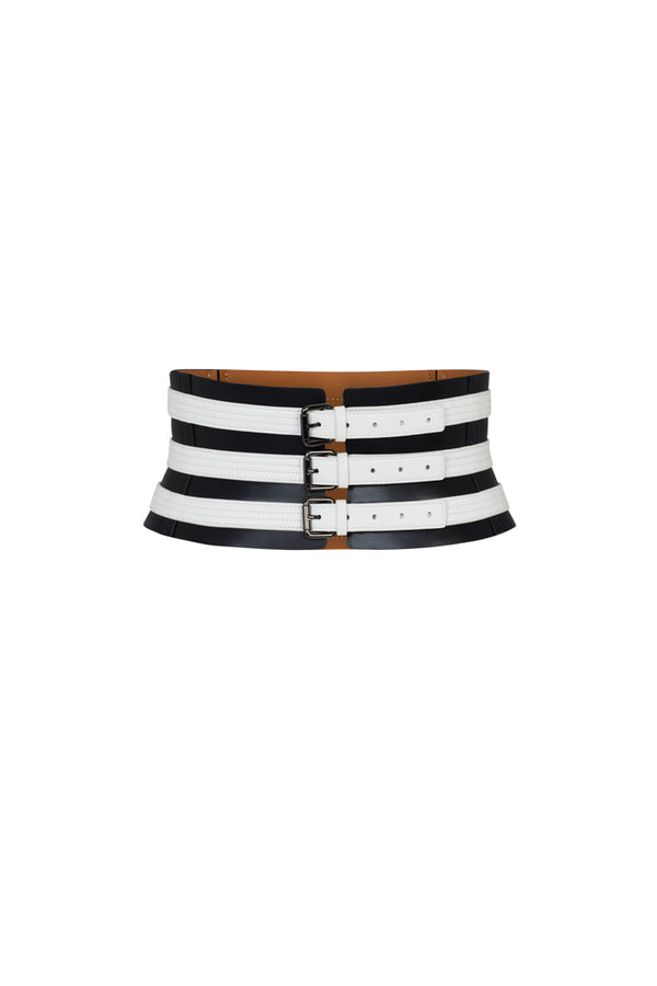 FIJI 7 TIER FAUX LEATHER CORSET BELT IN BLACK AND WHITE