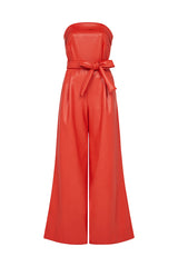 JORDAN WIDE LEG FAUX LEATHER JUMPSUIT IN CORAL