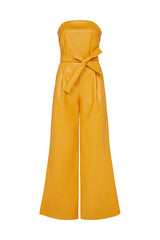 JORDAN WIDE LEG FAUX LEATHER JUMPSUIT IN YELLOW