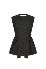 LINCOLN BACKLESS PEPLUM TOP IN BLACK DENIM