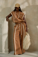 MIYAKO WIDE LEG LUXE PANTS IN BROWN AND OFF-WHITE