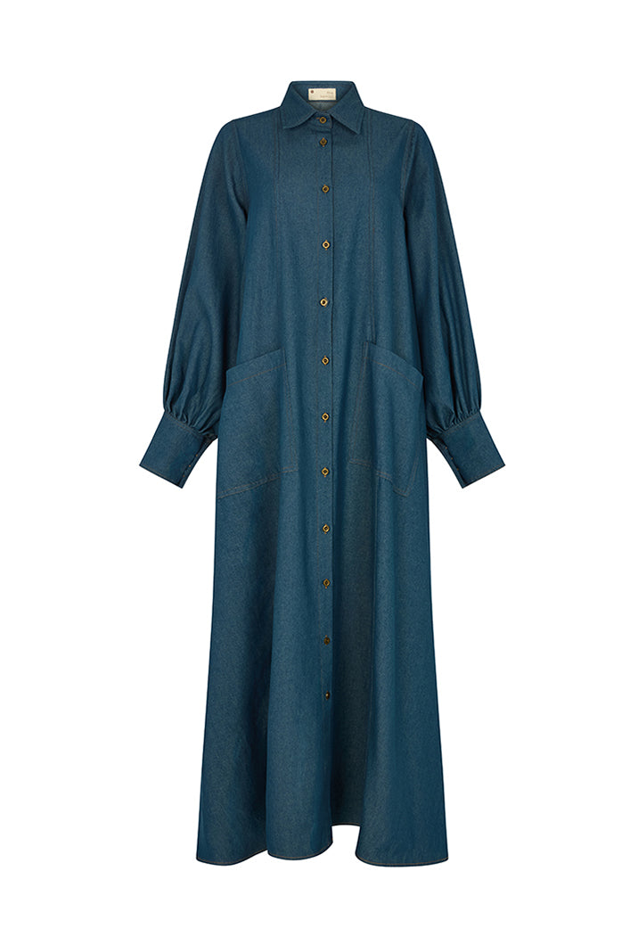 MODENA MAXI FLARED SHIRT DRESS IN LIGHT DENIM – THE KEMIST