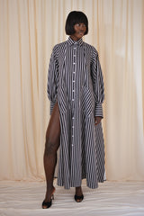 MODENA MAXI FLARED SHIRT DRESS IN BLACK & WHITE DIAMOND STRIPES