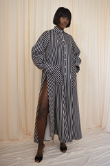 MODENA MAXI FLARED SHIRT DRESS IN BLACK & WHITE DIAMOND STRIPES