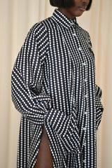 MODENA MAXI FLARED SHIRT DRESS IN BLACK & WHITE DIAMOND STRIPES
