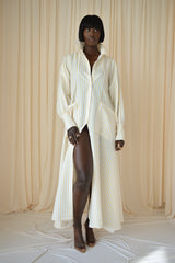 MODENA MAXI FLARED SHIRT DRESS IN YELLOW & WHITE DIAMOND STRIPES