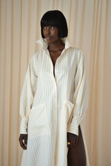 MODENA MAXI FLARED SHIRT DRESS IN YELLOW & WHITE DIAMOND STRIPES