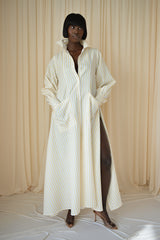 MODENA MAXI FLARED SHIRT DRESS IN YELLOW & WHITE DIAMOND STRIPES