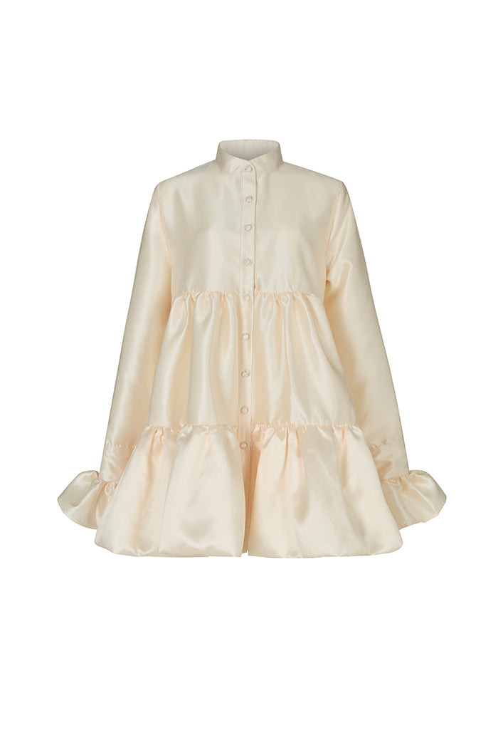 babydoll shirt dress RAVENNA TIERED RUFFLED BABYDOLL SHIRT DRESS IN CHAMPAGNE – THE KEMIST