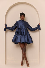 RAVENNA TIERED RUFFLED BABYDOLL SHIRT DRESS IN NAVY
