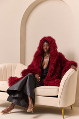 RIGA HOODED FAUX FUR COAT IN BURGUNDY