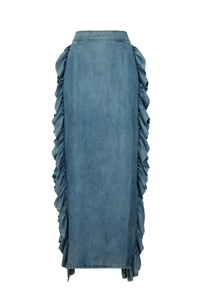 SAVANNAH WASHED DENIM RUFFLED SKIRT – THE KEMIST