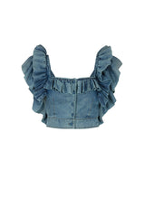 SAVANNAH WASHED DENIM BACKLESS RUFFLED TOP