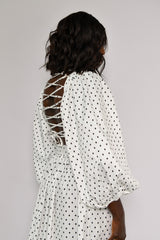 COLIMA LACE UP BACK BABYDOLL TOP IN BLACK DIAMOND POLKA DOT